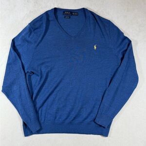 Polo Ralph Lauren XXL 100% Merino Wool Custom Fit Royal Blue V-Neck Sweater